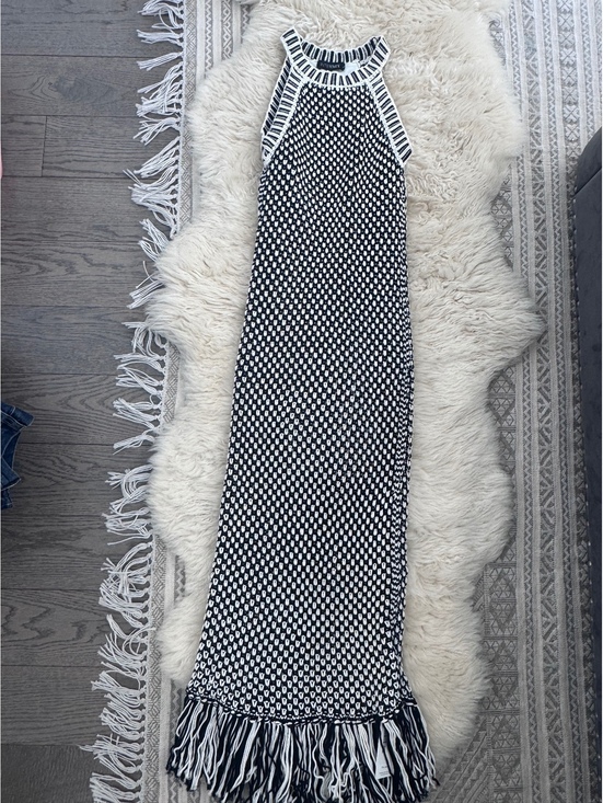 Dresses & Skirts - Intermix blue and white macrame fringe hem tank dress